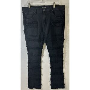 Platform Jeans Mens 38 Black Distressed Frayed Raw Edge Straight Leg Denim Pants